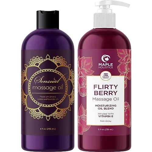 2 Massage Oils for Massage Therapy - Maple Holistics Massage Oil Kit with Aromatherapy Lavender Massage Oil Plus Flirty Berry Massage Oil for Sensual Aromatherapy Made with Pure Essential Oils