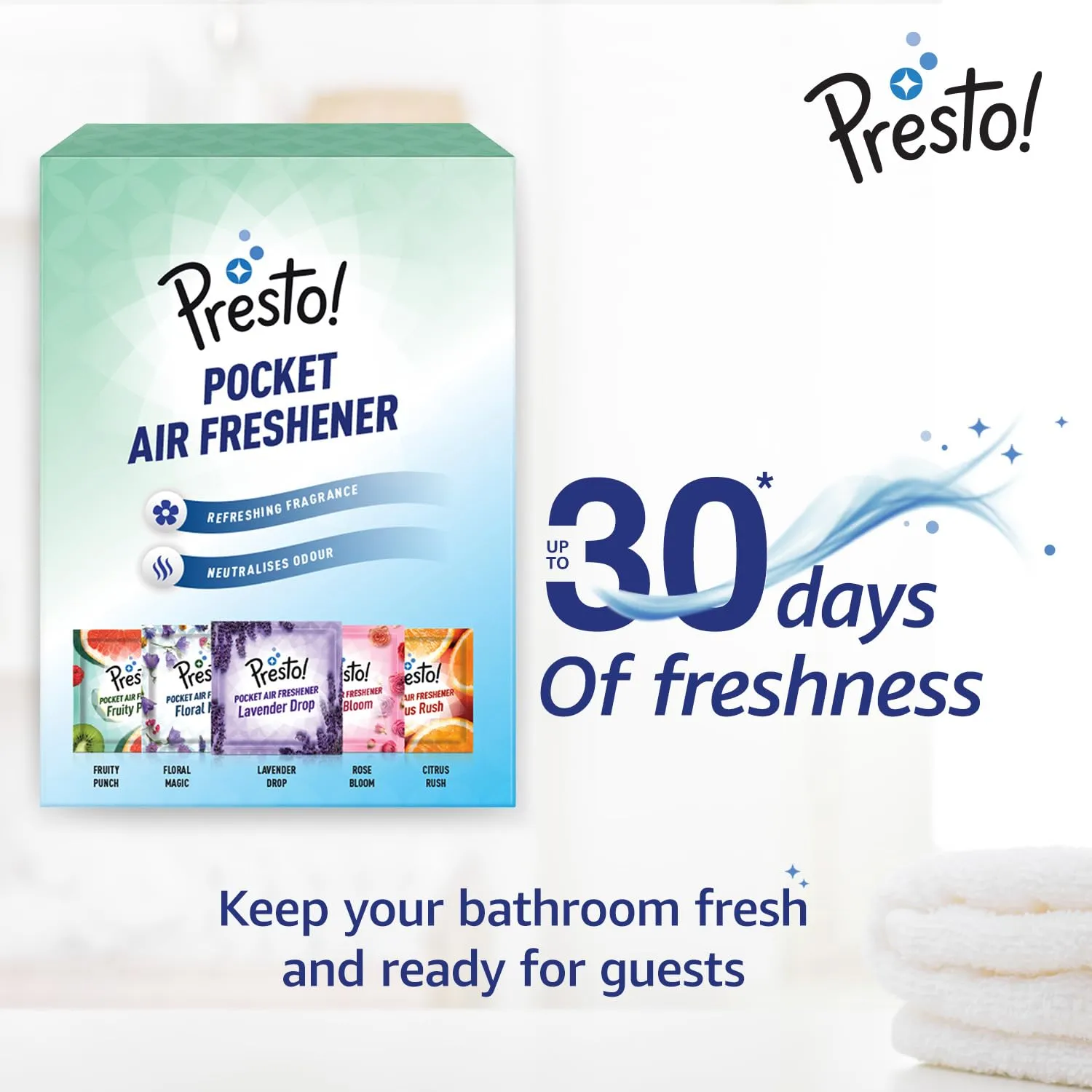 Amazon Brand - Presto! Pocket Air Freshener, Refreshing Fragrance that Lasts Up to 30 Days (5 Assorted Fragrances x 2 Packs, 100 Gms)