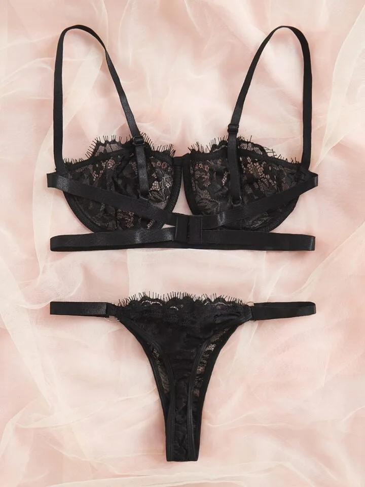 Black Lingerie Floral Lace Set