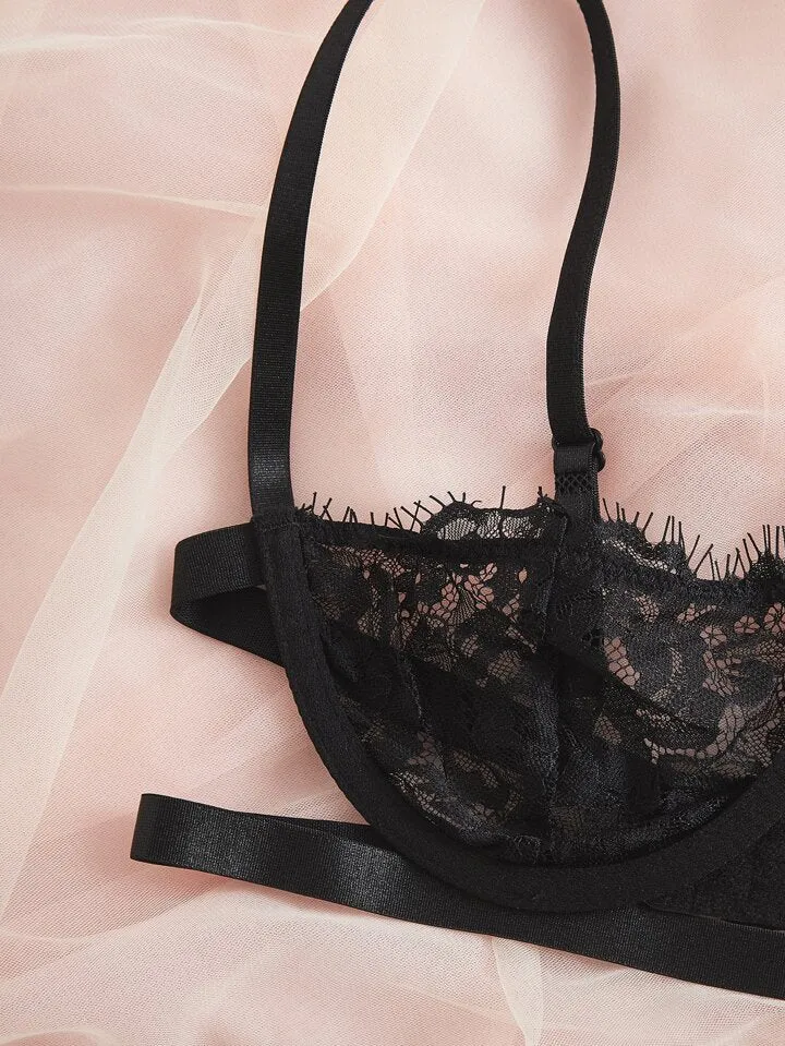 Black Lingerie Floral Lace Set