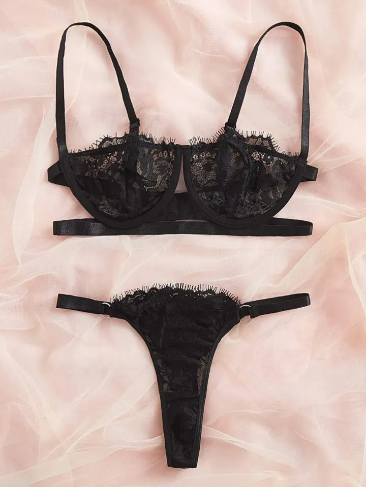 Black Lingerie Floral Lace Set