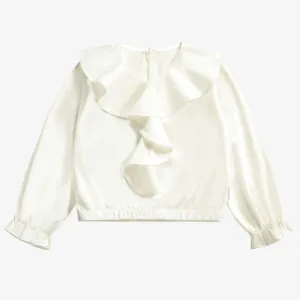 Blouse blanche à col jabot et manches longues en modal effet satiné, enfant || White blouse with jabot collar and long sleeves in modal satin effect, child