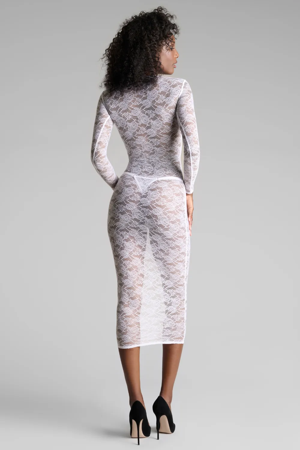 Flashback Lace Long Sleeve Midi Dress White