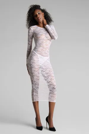 Flashback Lace Long Sleeve Midi Dress White
