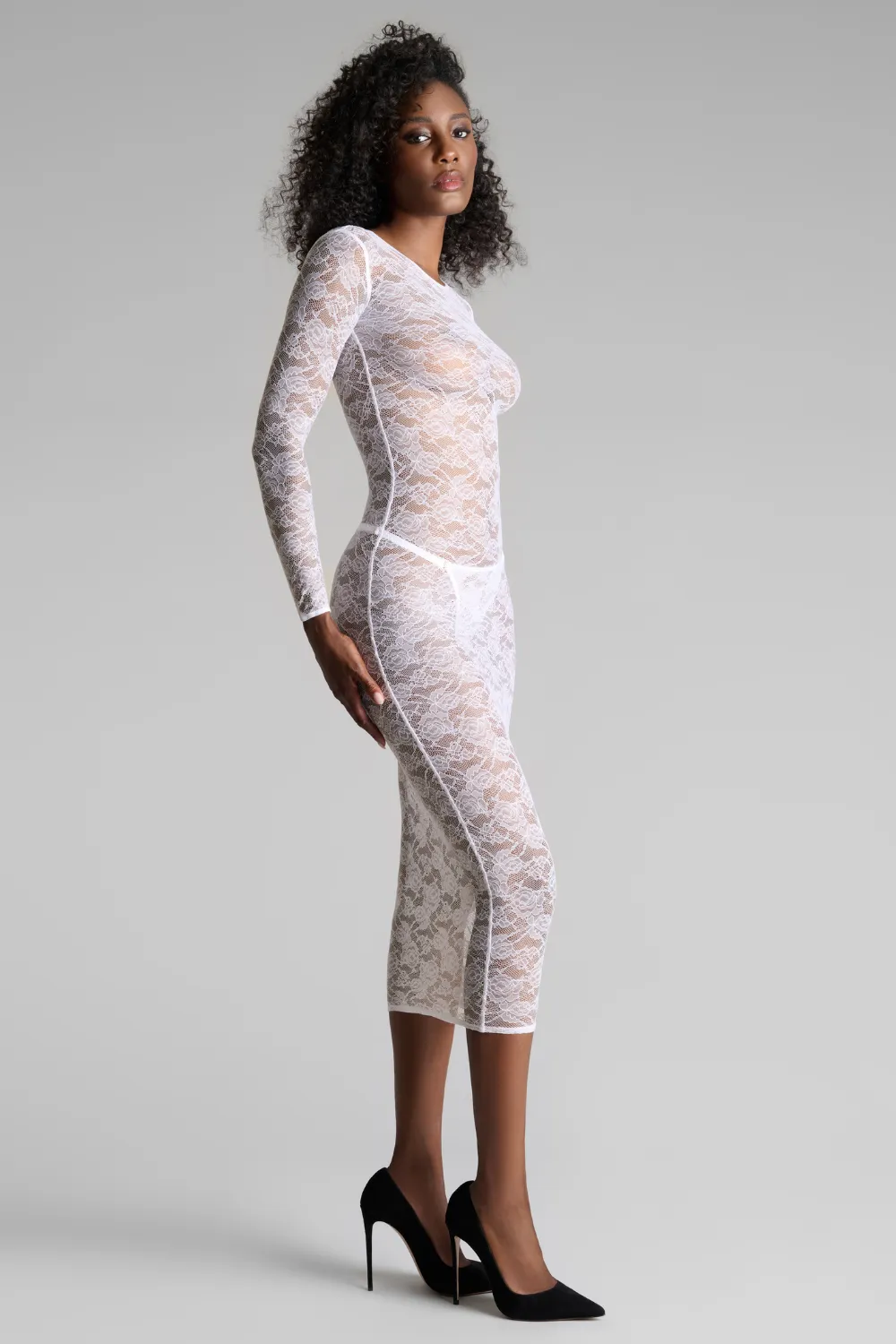 Flashback Lace Long Sleeve Midi Dress White