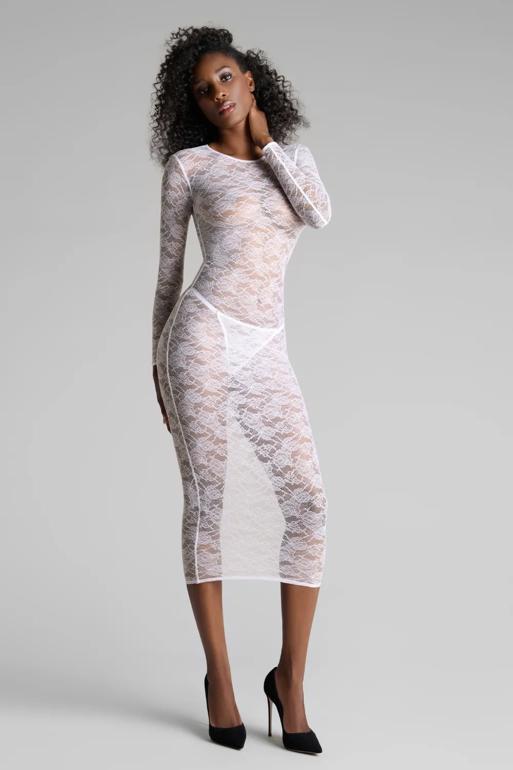 Flashback Lace Long Sleeve Midi Dress White