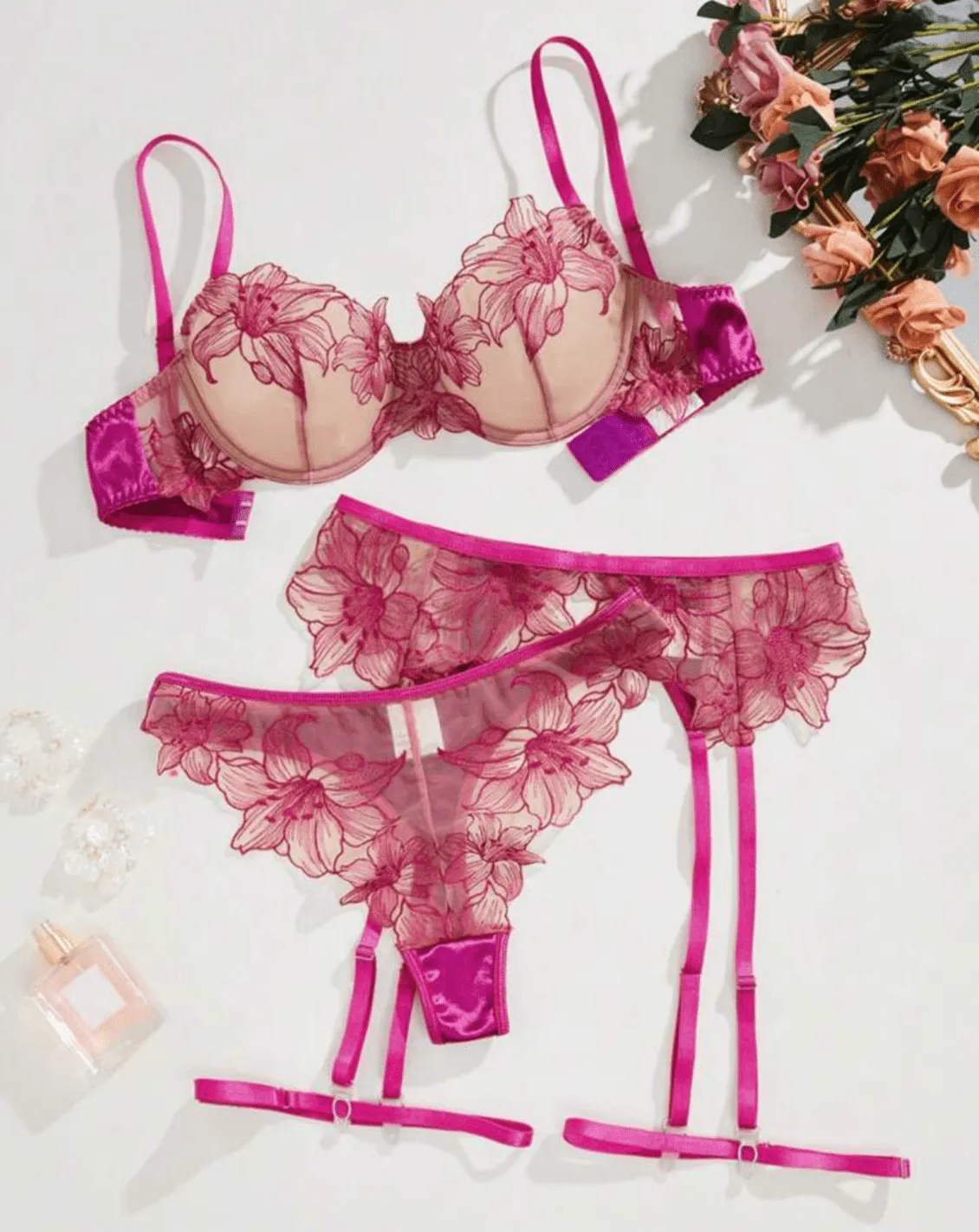 Hot Pink Lingerie Garter Silk Lace Set