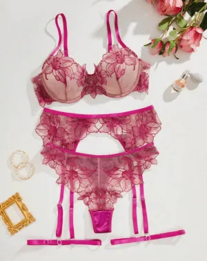Hot Pink Lingerie Garter Silk Lace Set