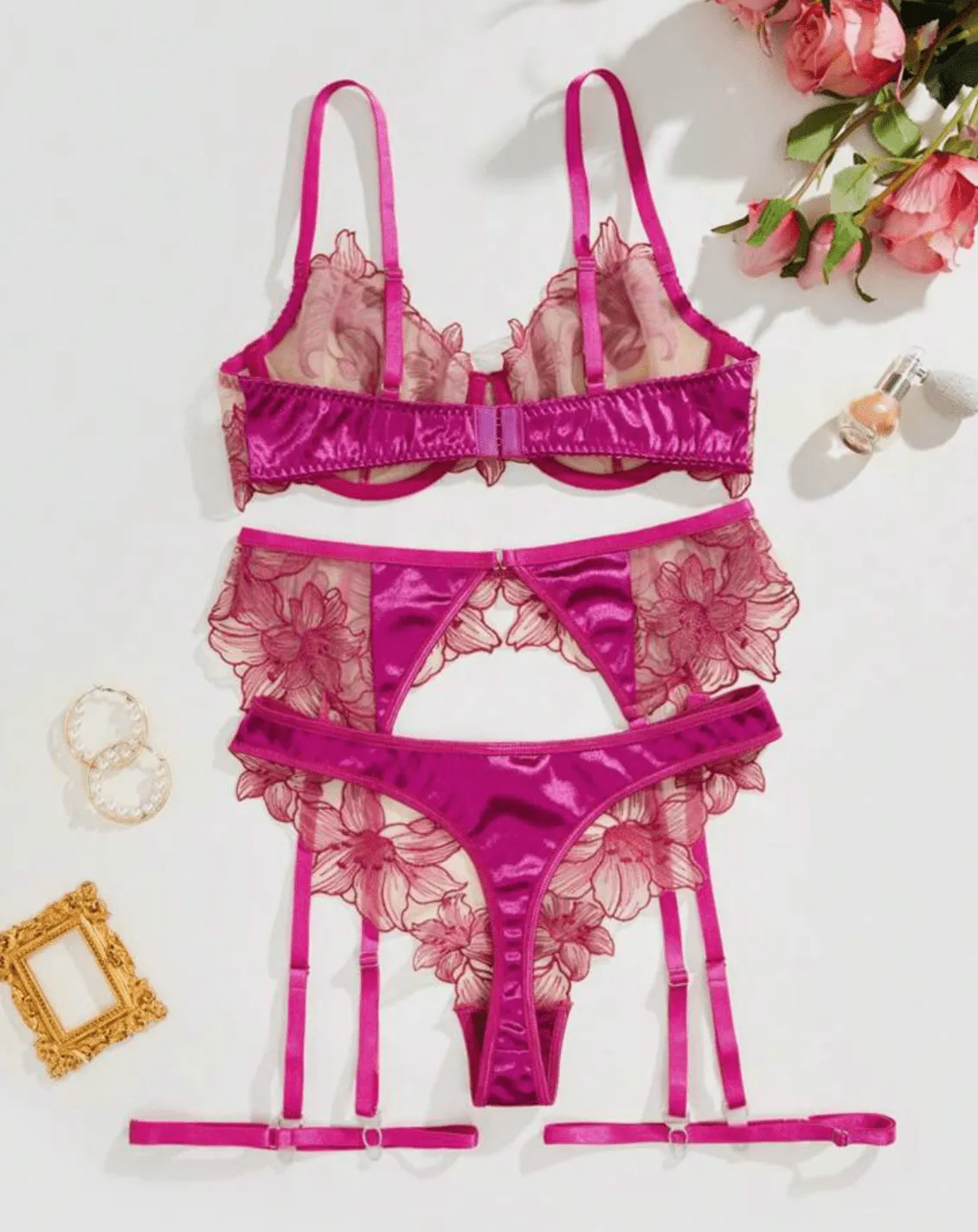Hot Pink Lingerie Garter Silk Lace Set