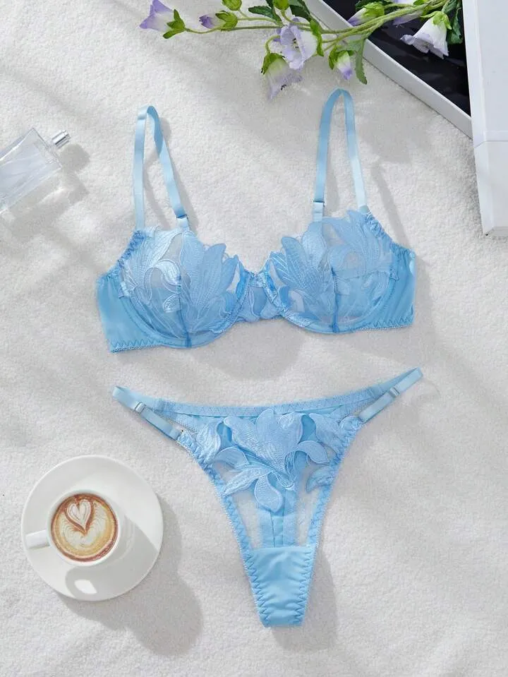 Light Blue Silk Lingerie Set Embroidered