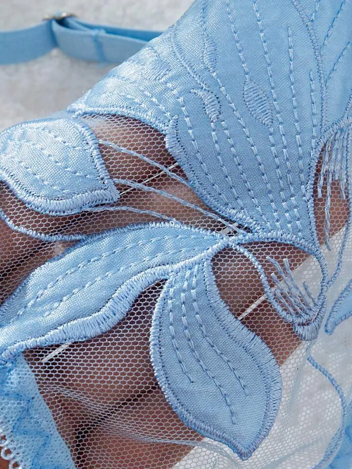 Light Blue Silk Lingerie Set Embroidered