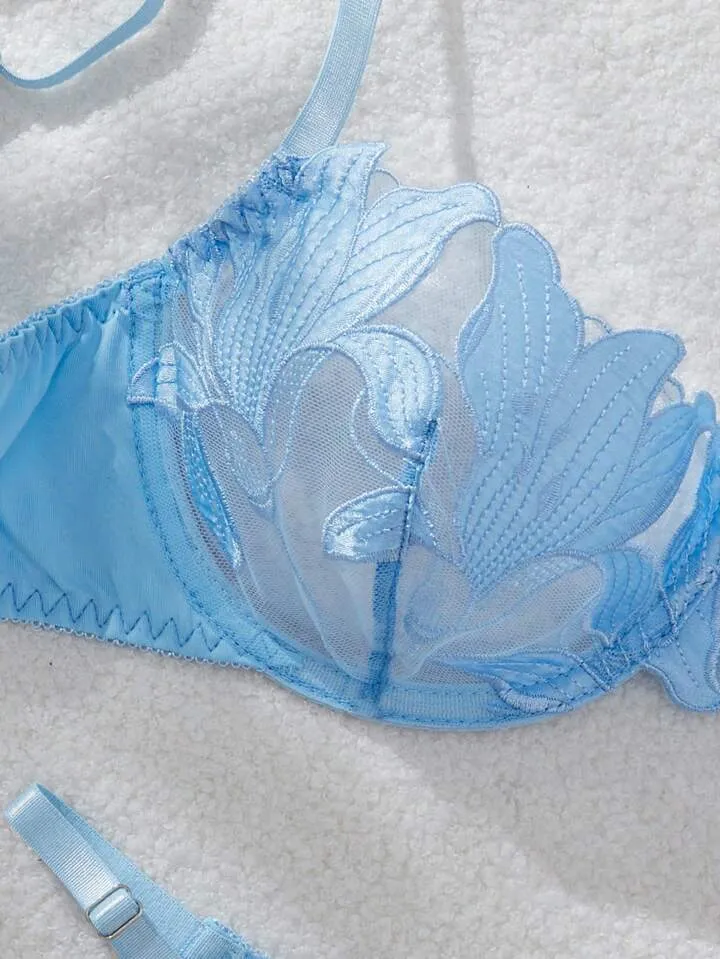 Light Blue Silk Lingerie Set Embroidered