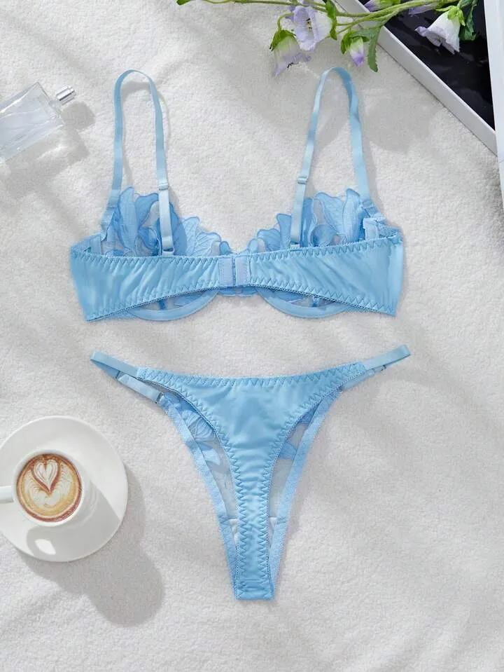 Light Blue Silk Lingerie Set Embroidered