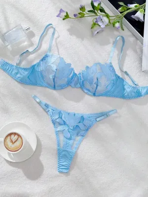 Light Blue Silk Lingerie Set Embroidered