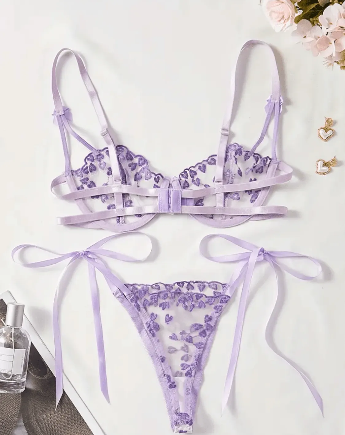 Light Purple Lingerie Set Sheer Heart Embroidery