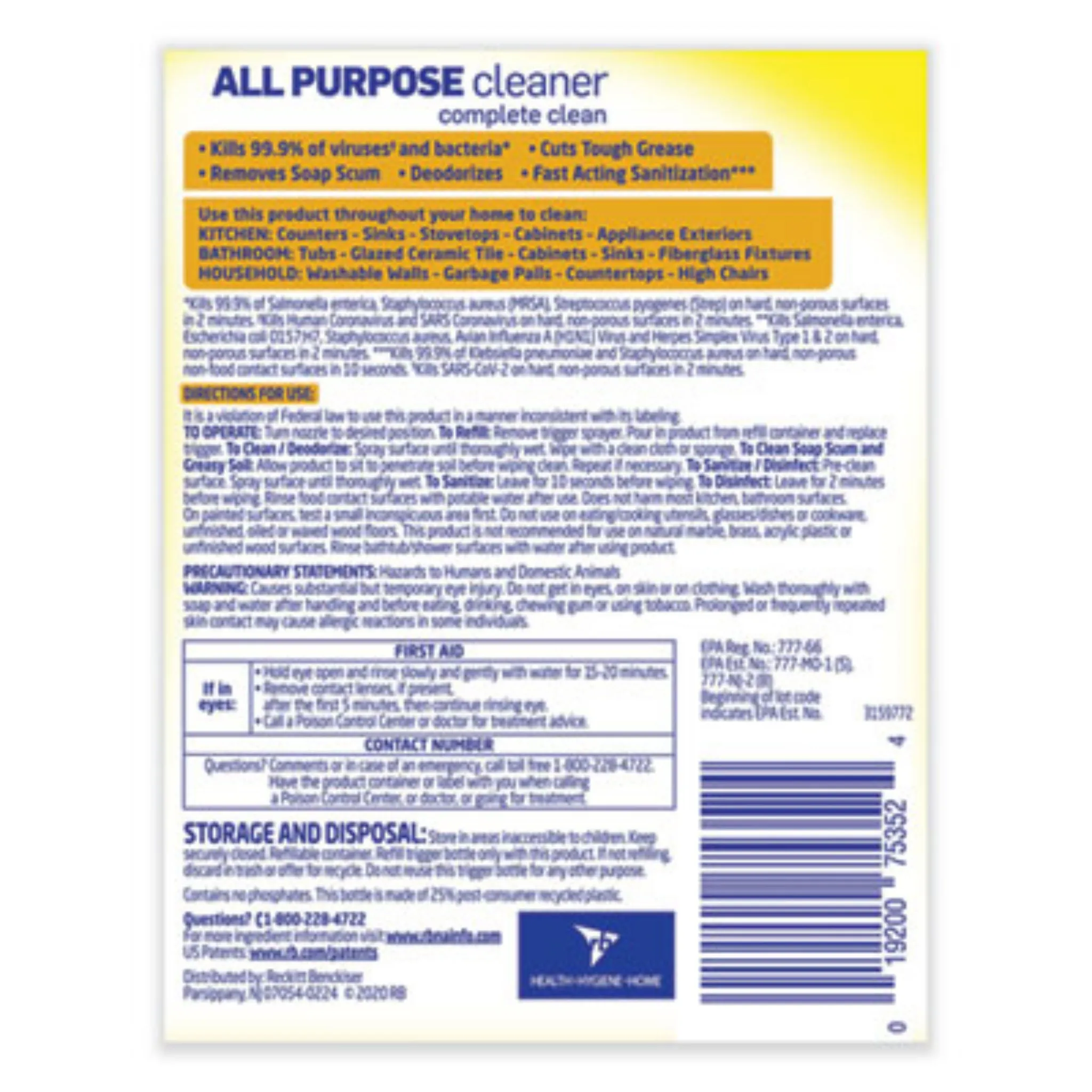 RECKITT BENCKISER RAC75352CT Ready-To-Use All-Purpose Cleaner, Lemon Breeze, 32 Oz Spray Bottle, Carton of 12