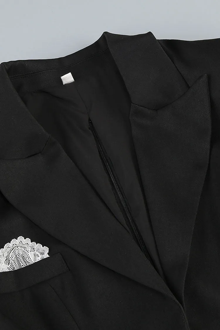 Sculptural Padded Shoulder Lapel Long Sleeve Ruffle Lace Blazer Bodysuit