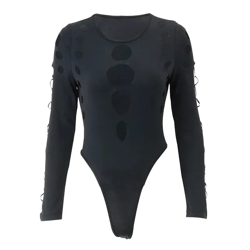Sexy Dot Hollow Out Bodysuit Long Sleeves Bodycon Women Streetwear Slim Bodysuit