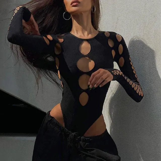 Sexy Dot Hollow Out Bodysuit Long Sleeves Bodycon Women Streetwear Slim Bodysuit