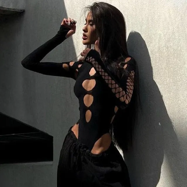 Sexy Dot Hollow Out Bodysuit Long Sleeves Bodycon Women Streetwear Slim Bodysuit