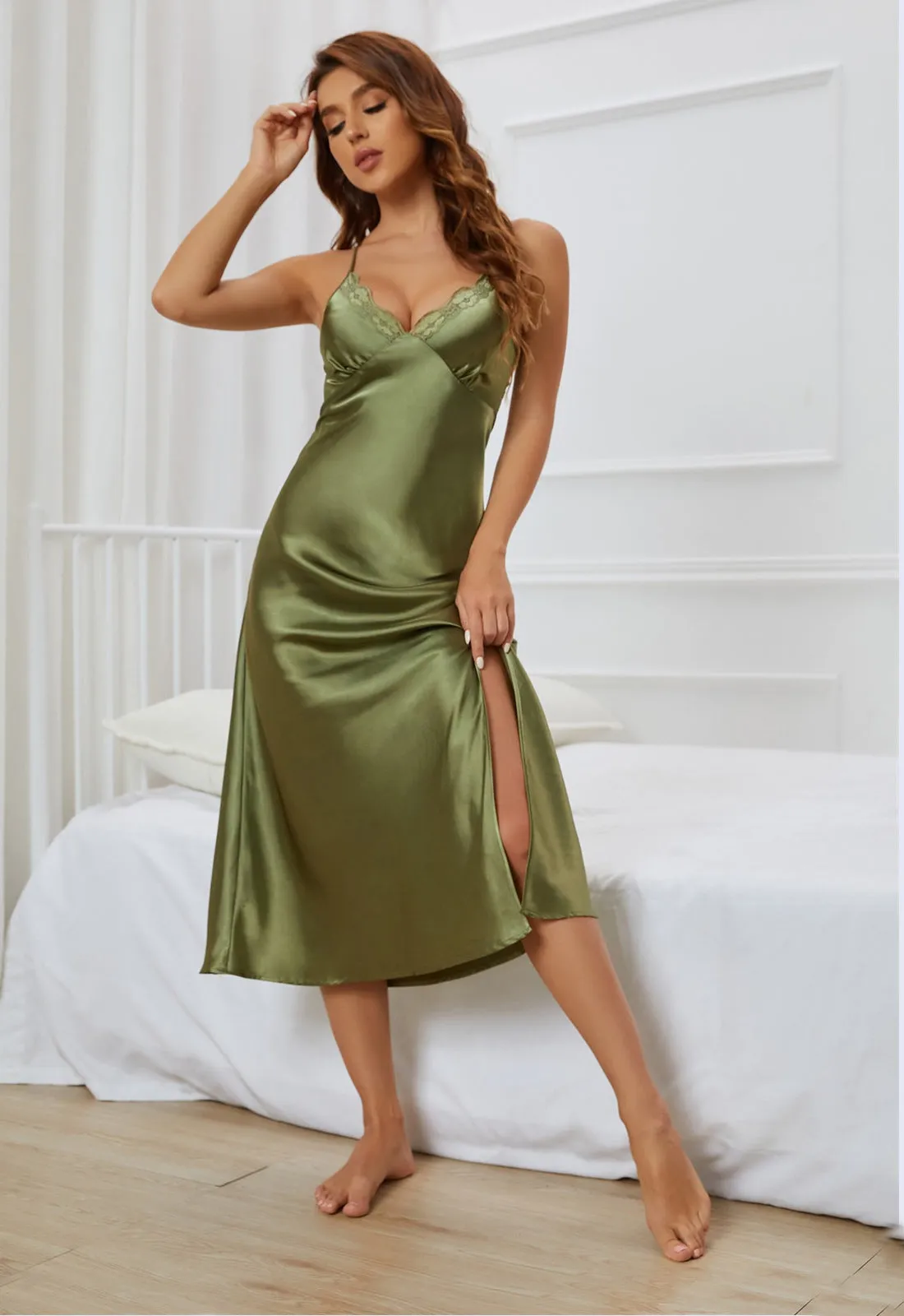 Sexy V-neck Nightgown Lace Lingerie Chemises Sleeveless Sleep Dress For Women Elegant Fatigue