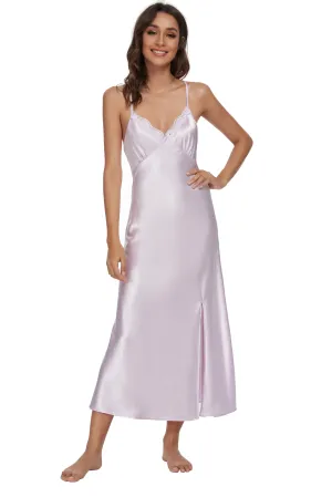 Sexy V-neck Nightgown Lace Lingerie Chemises Sleeveless Sleep Dress For Women Elegant Light Purple