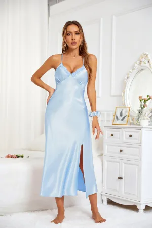 Sexy V-neck Nightgown Lace Lingerie Chemises Sleeveless Sleep Dress For Women Elegant Moonblue