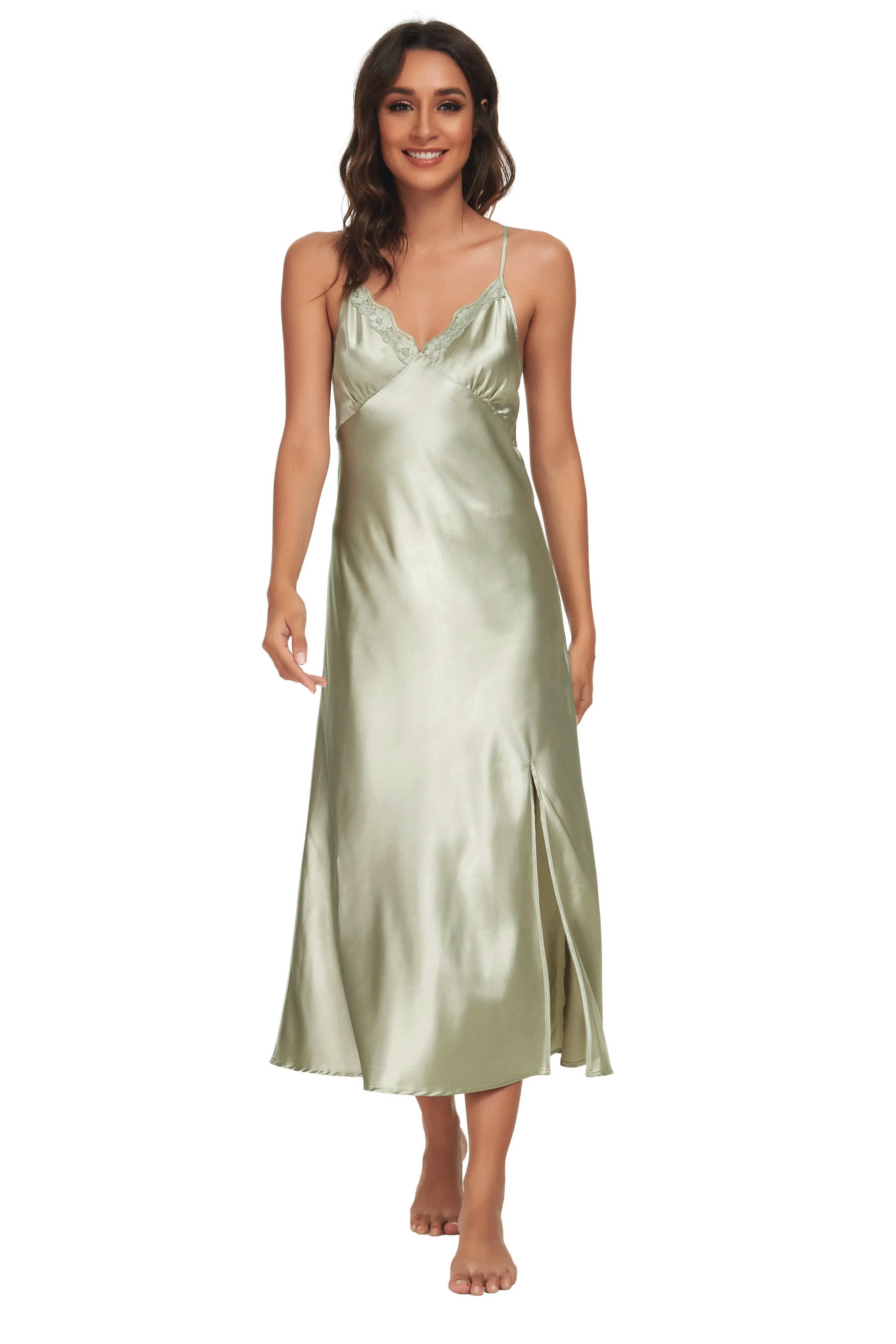 Sexy V-neck Nightgown Lace Lingerie Chemises Sleeveless Sleep Dress For Women Elegant Mossgreen