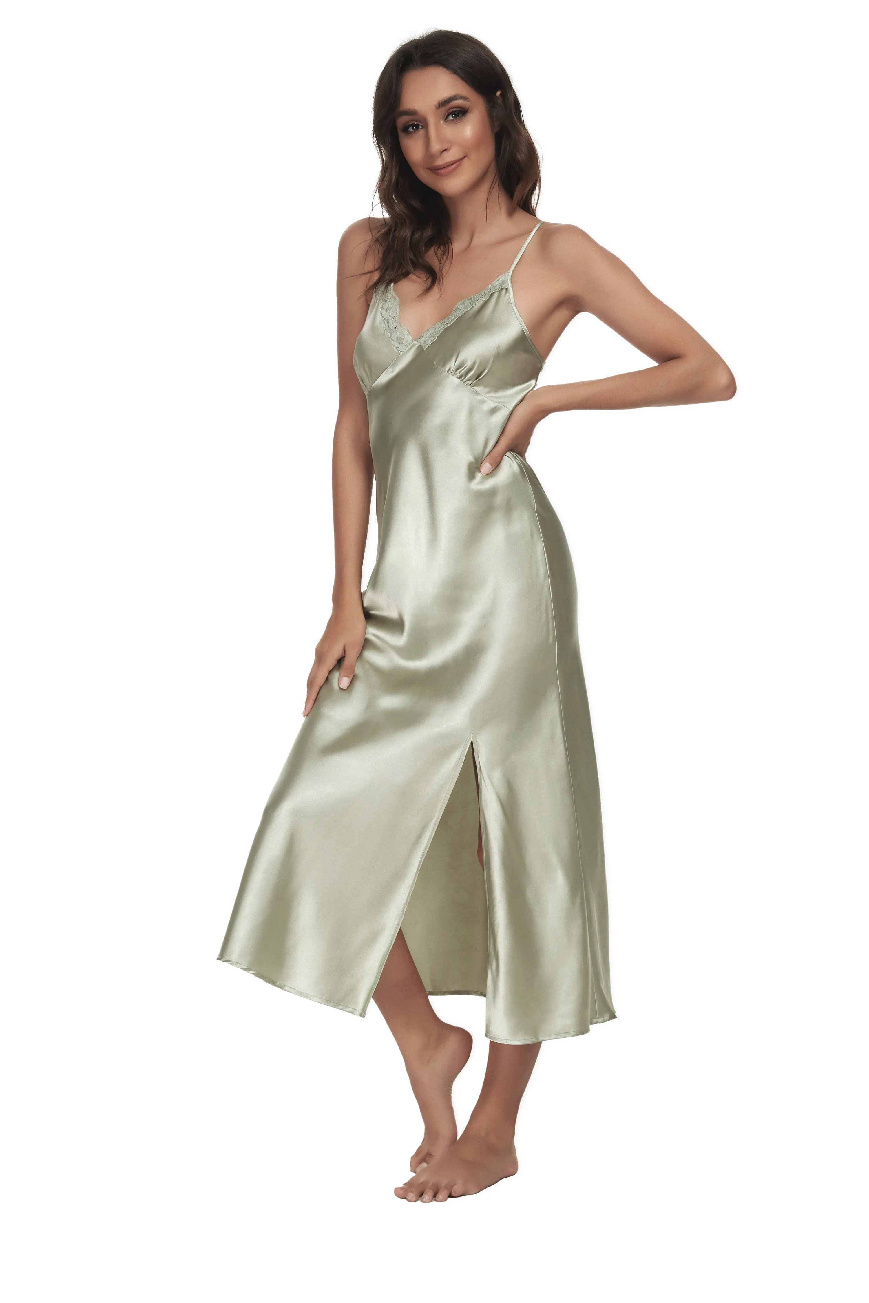 Sexy V-neck Nightgown Lace Lingerie Chemises Sleeveless Sleep Dress For Women Elegant Mossgreen