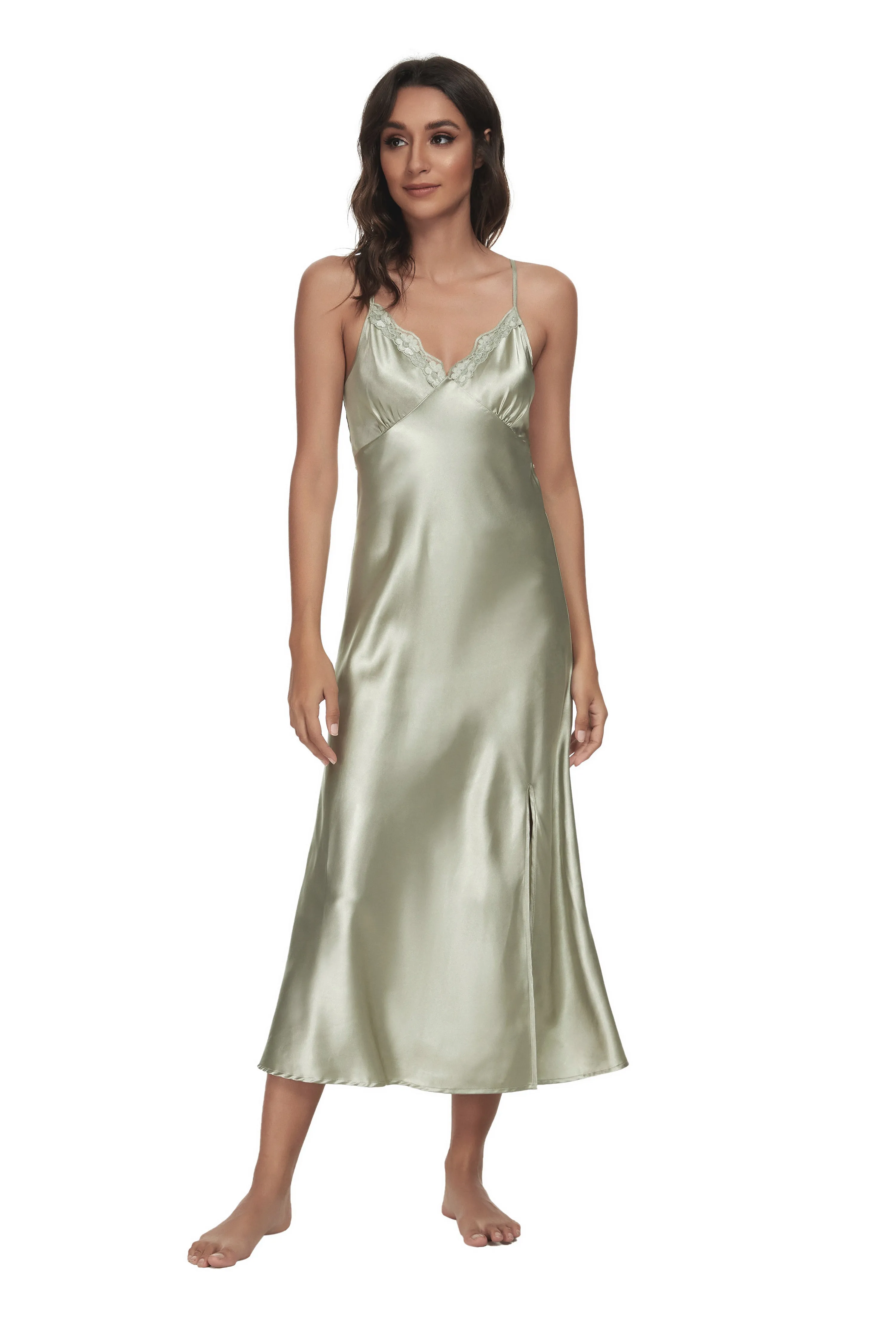 Sexy V-neck Nightgown Lace Lingerie Chemises Sleeveless Sleep Dress For Women Elegant Mossgreen