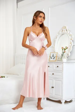 Sexy V-neck Nightgown Lace Lingerie Chemises Sleeveless Sleep Dress For Women Elegant Pink