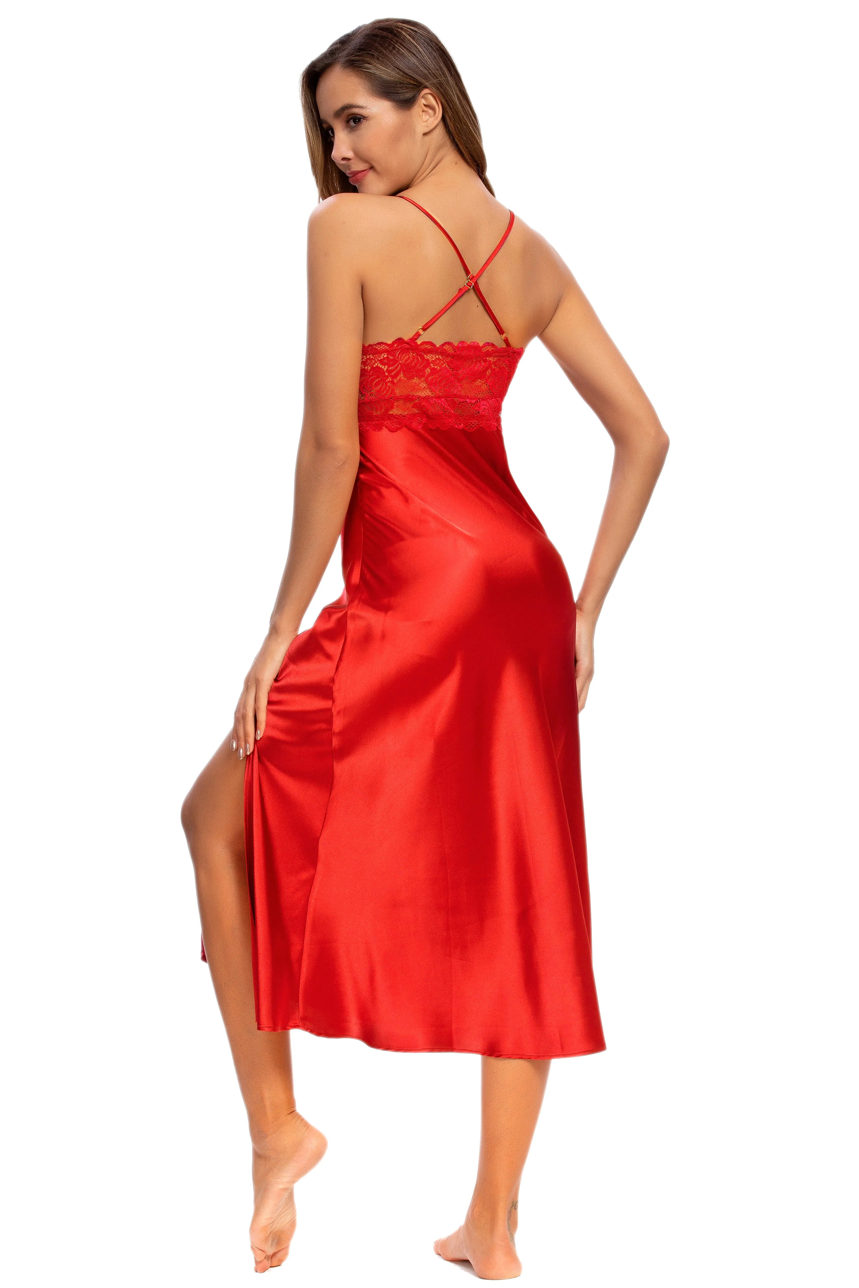 Sexy V-neck Nightgown Lace Lingerie Chemises Sleeveless Sleep Dress For Women Elegant Red