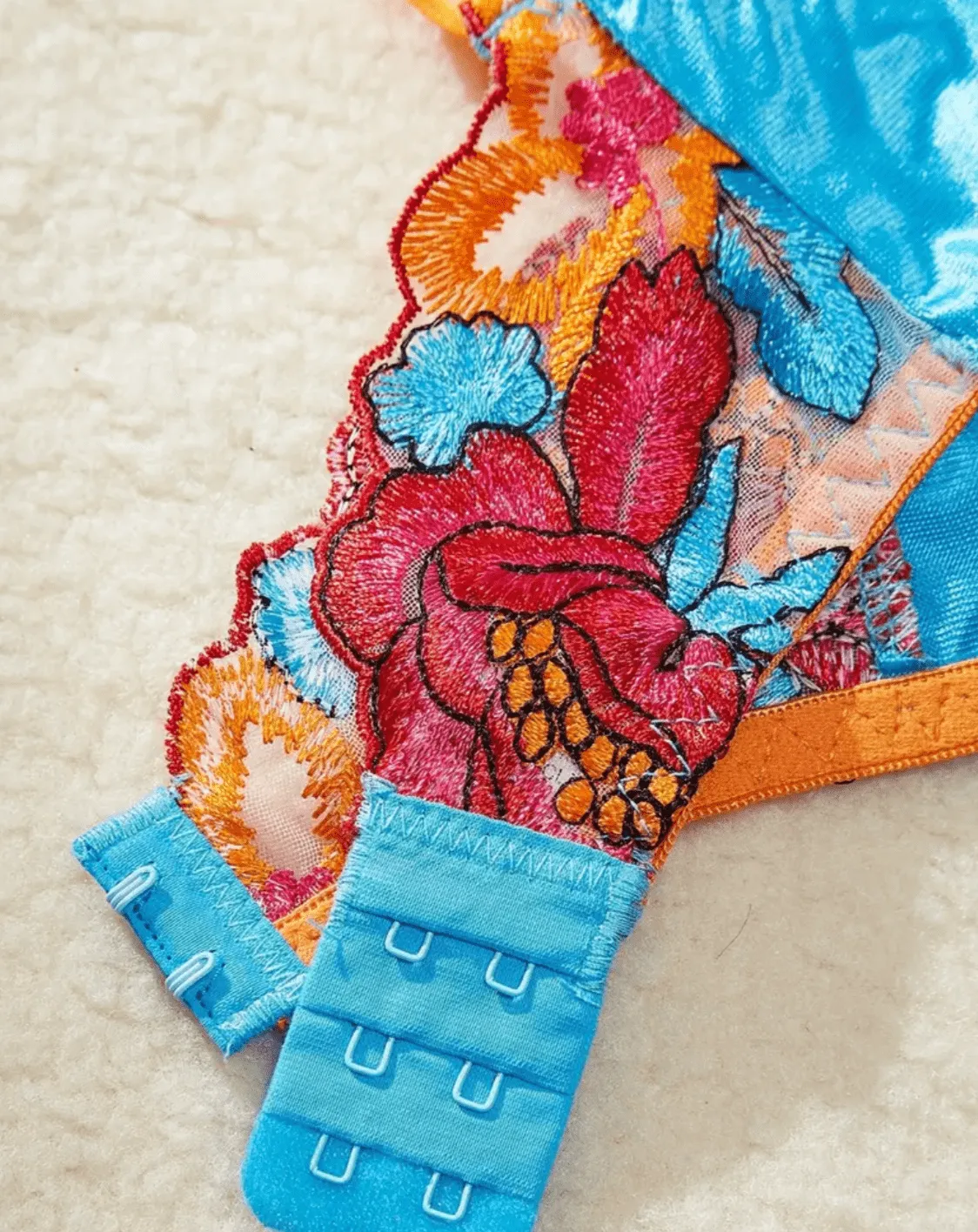 Silk Blue Lingerie Set Floral Garter
