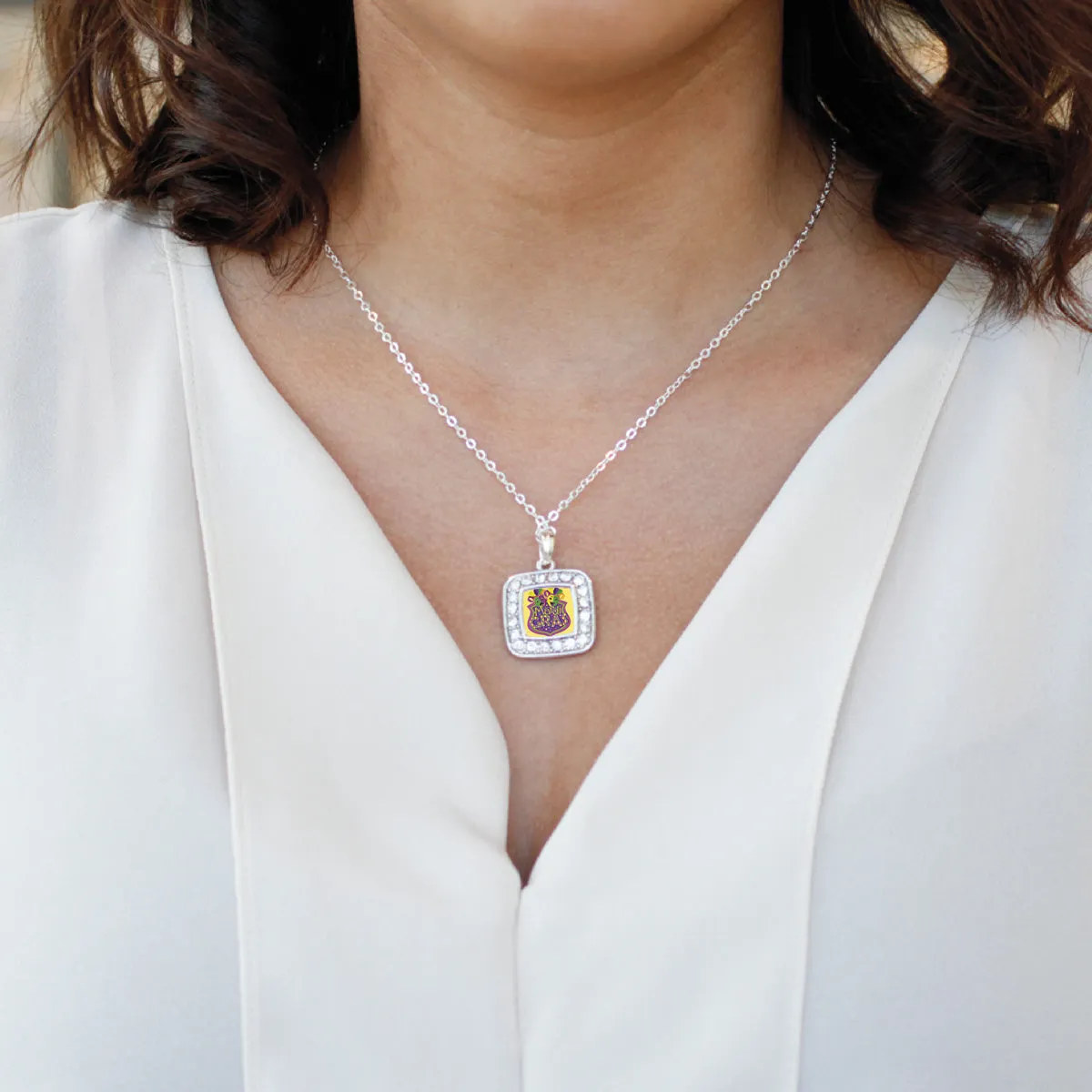 Silver Mardi Gras Masks Square Charm Classic Necklace