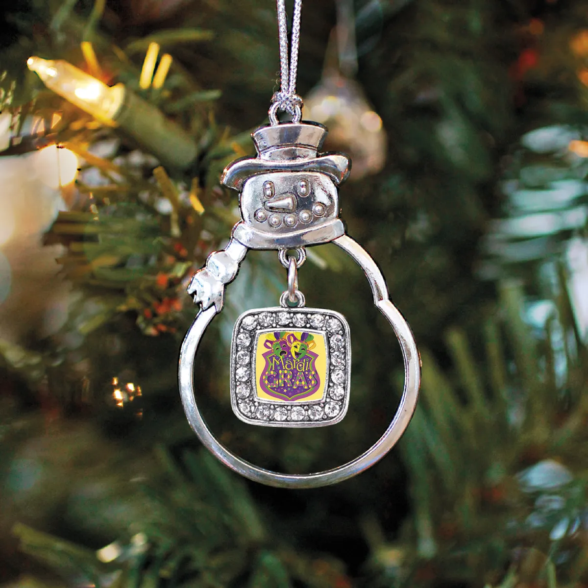 Silver Mardi Gras Masks Square Charm Snowman Ornament