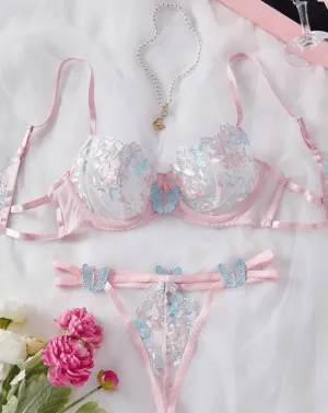 Soft Pink Lingerie Set Blue Butterfly Embroidery