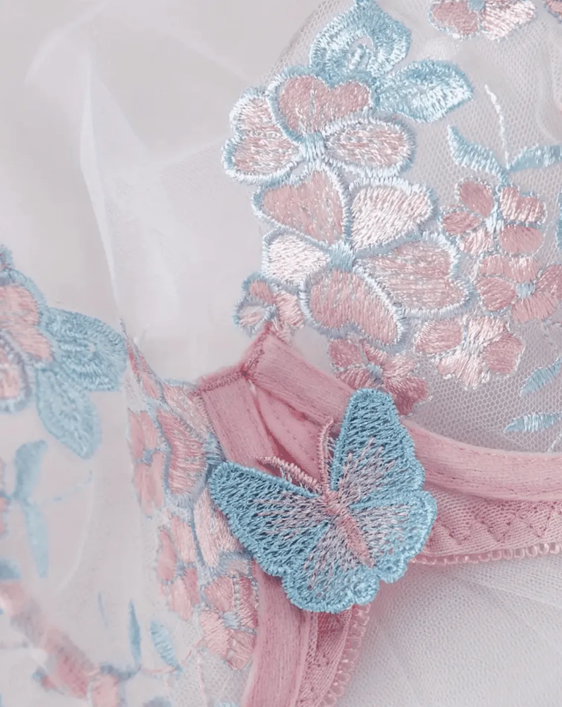 Soft Pink Lingerie Set Blue Butterfly Embroidery