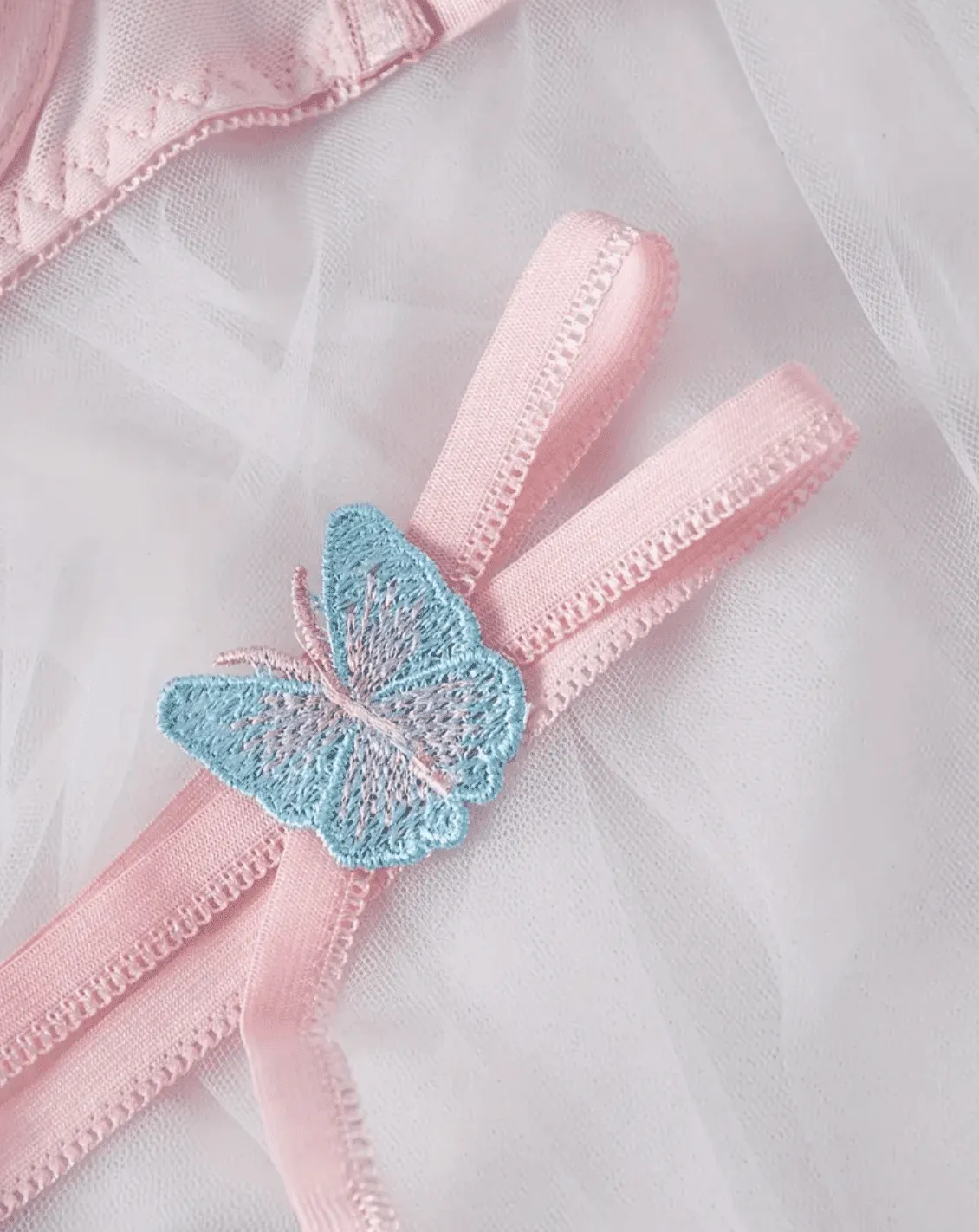 Soft Pink Lingerie Set Blue Butterfly Embroidery