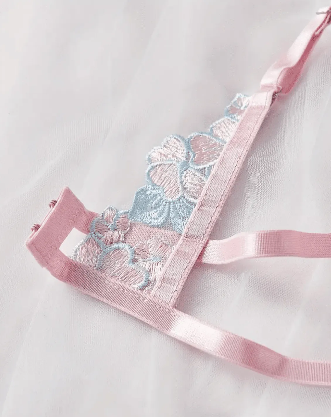 Soft Pink Lingerie Set Blue Butterfly Embroidery