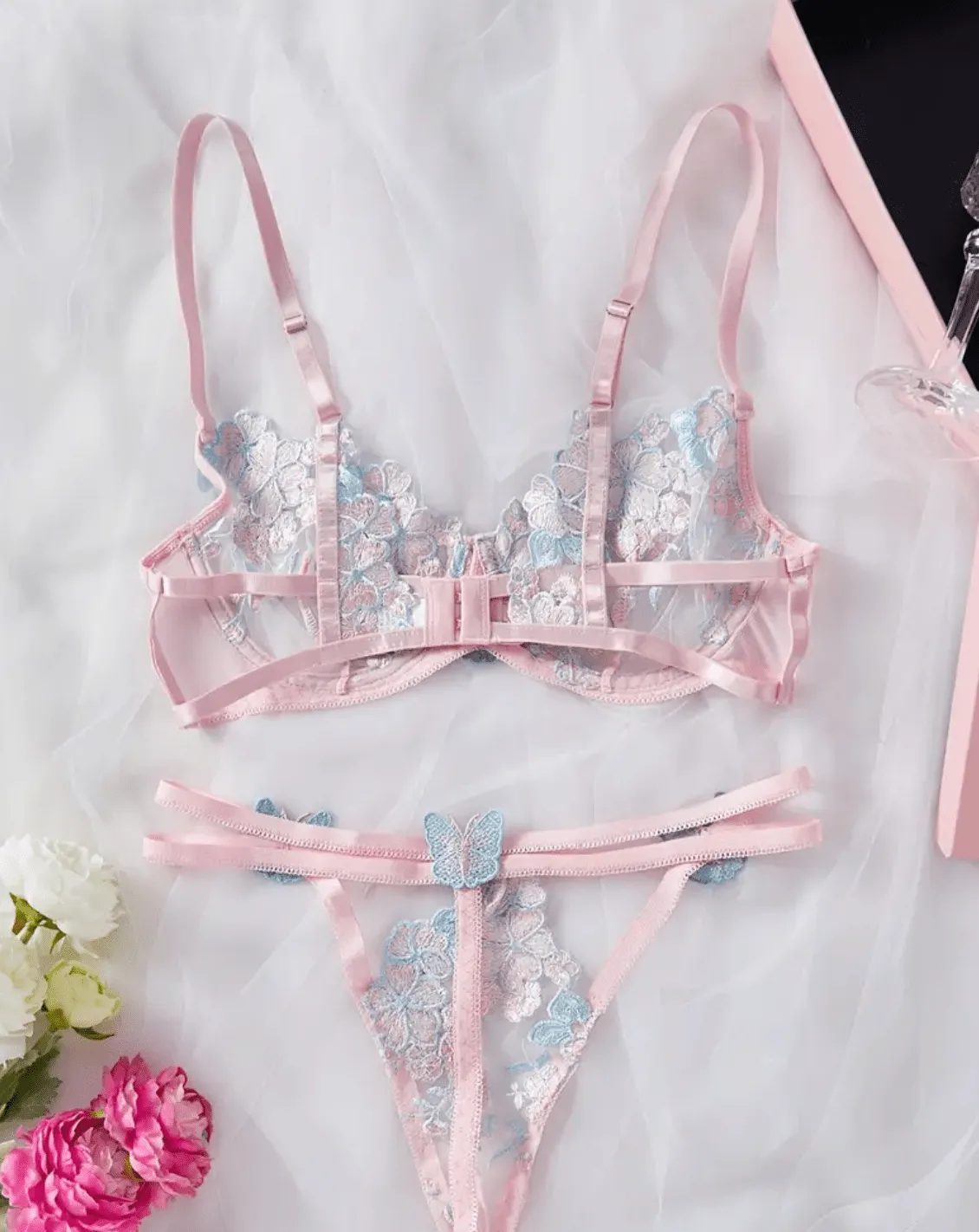 Soft Pink Lingerie Set Blue Butterfly Embroidery