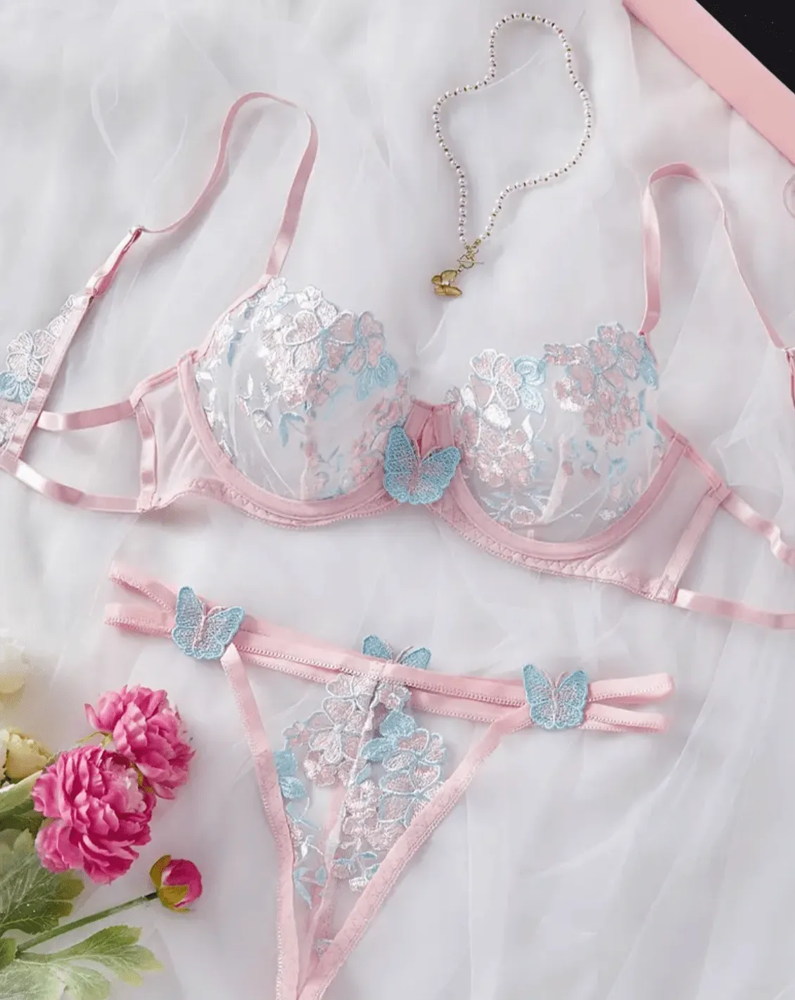 Soft Pink Lingerie Set Blue Butterfly Embroidery