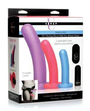 Strap U Triple Peg 28X Vibrating Silicone Dildo Set w/Remote - Asst. Colors