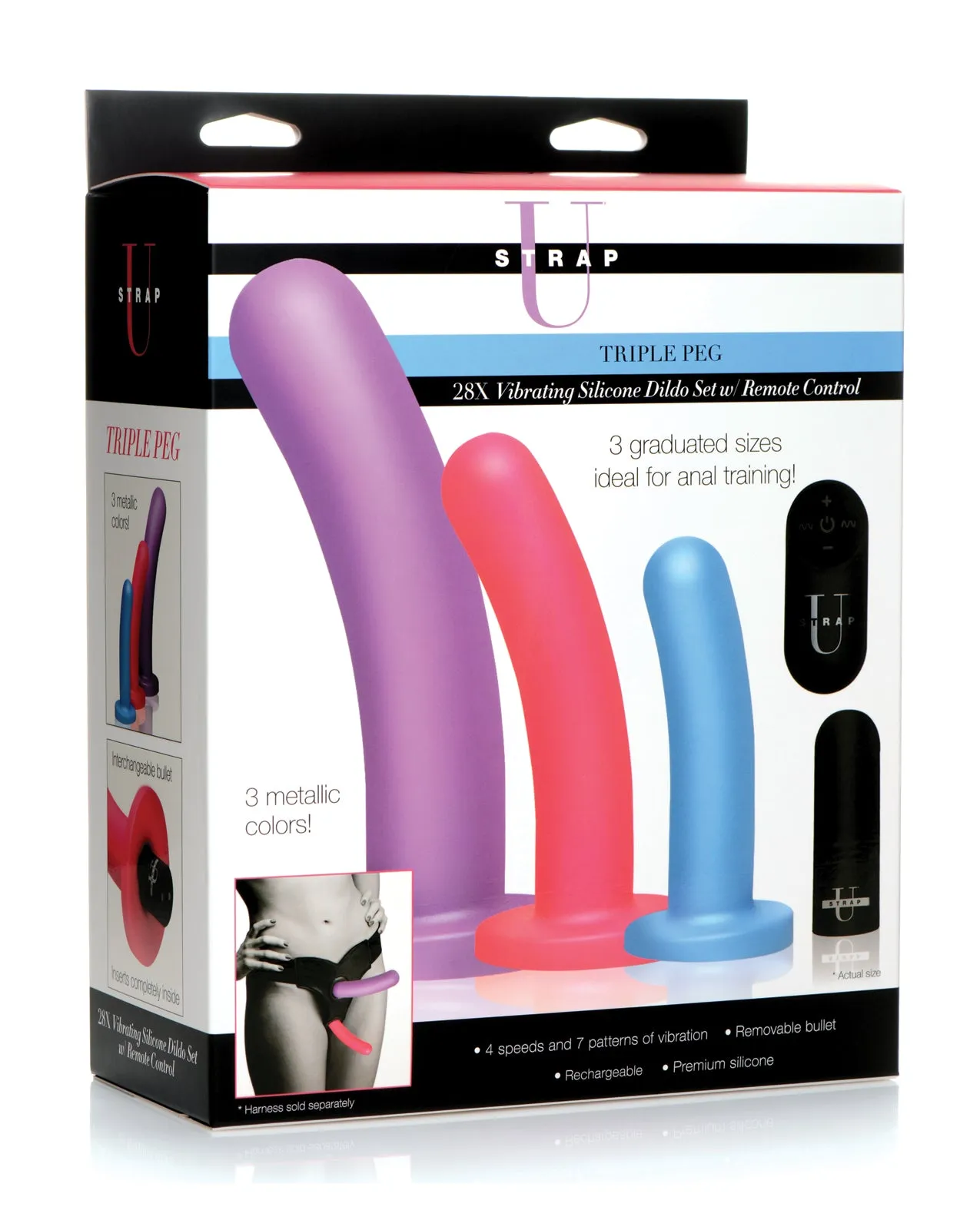 Strap U Triple Peg 28X Vibrating Silicone Dildo Set w/Remote - Asst. Colors