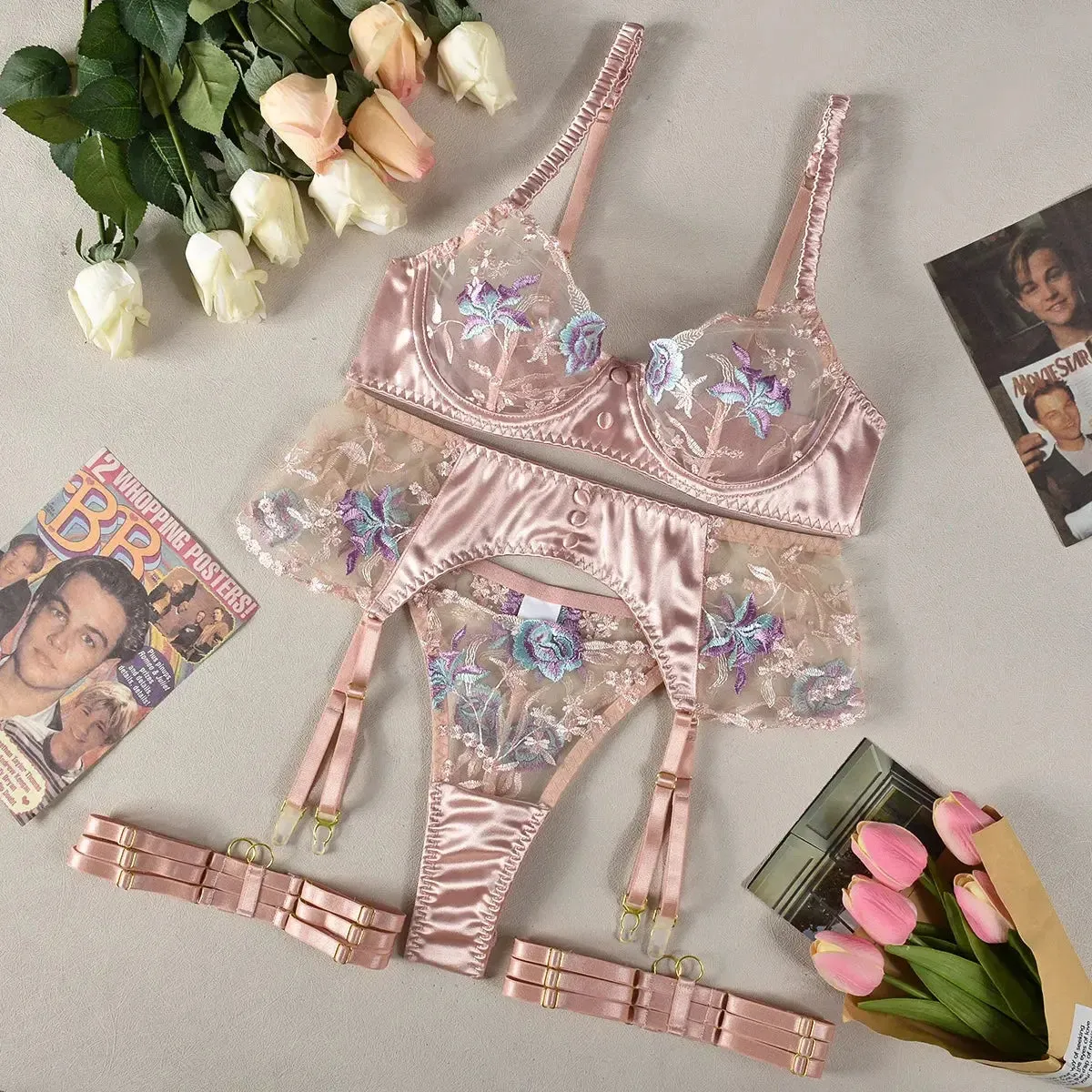 Transparent Sensual Silk Garter Lingerie Set