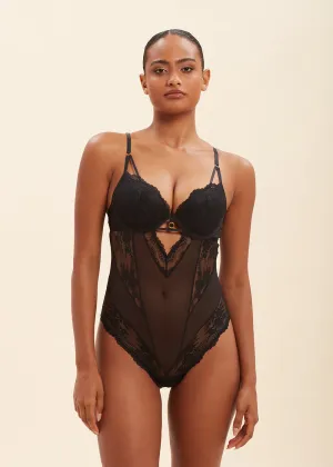 WENDIE Sexy Push-Up Black Mesh Recycled Lace Bodysuit