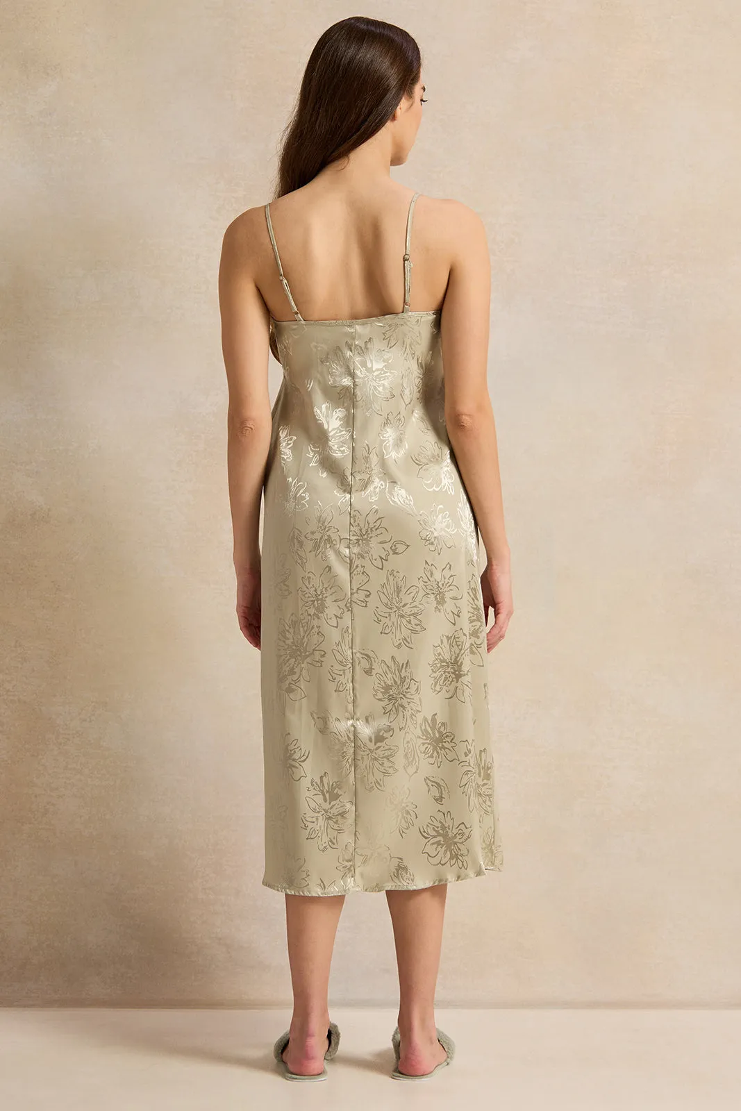 Women Green Satin Jacquard Long Padded Chemise