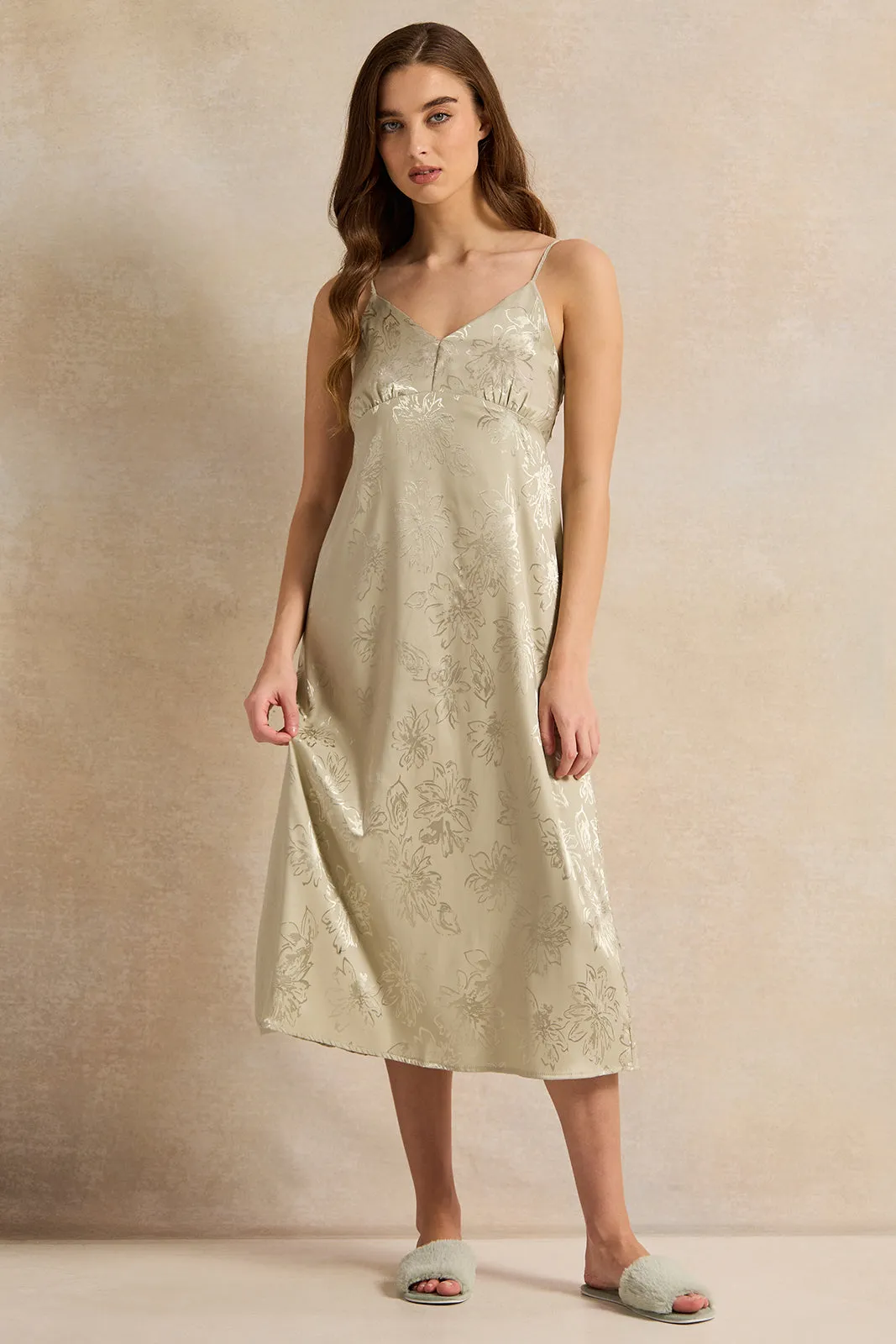 Women Green Satin Jacquard Long Padded Chemise