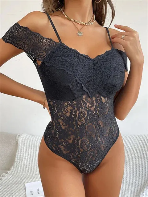 Women Lace Bodysuits Off Shoulder spaghetti Straps V Neck Bodysuit