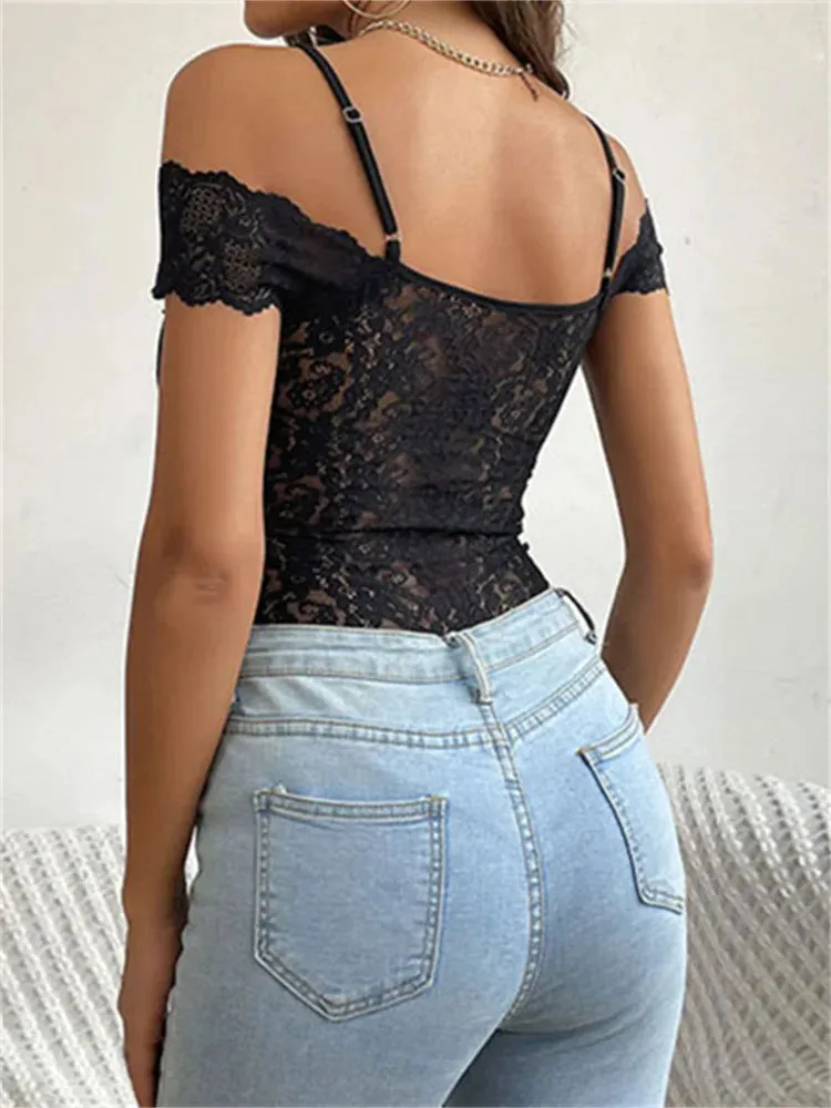 Women Lace Bodysuits Off Shoulder spaghetti Straps V Neck Bodysuit