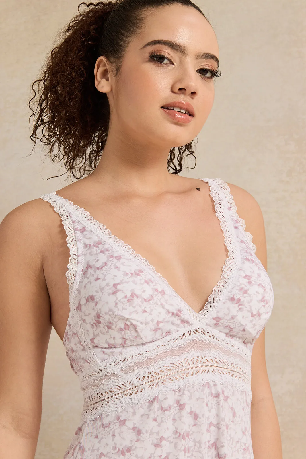 Women White Printed Padded Chemise